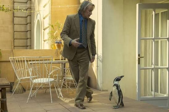 Man in brown suit walking with penguin